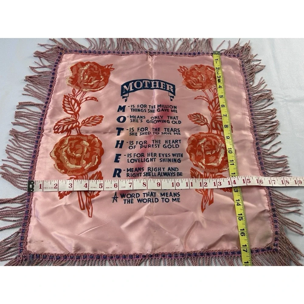 Vintage Satin Mother Poem Pillowcase Pink Floral Fringe Sentimental Decor